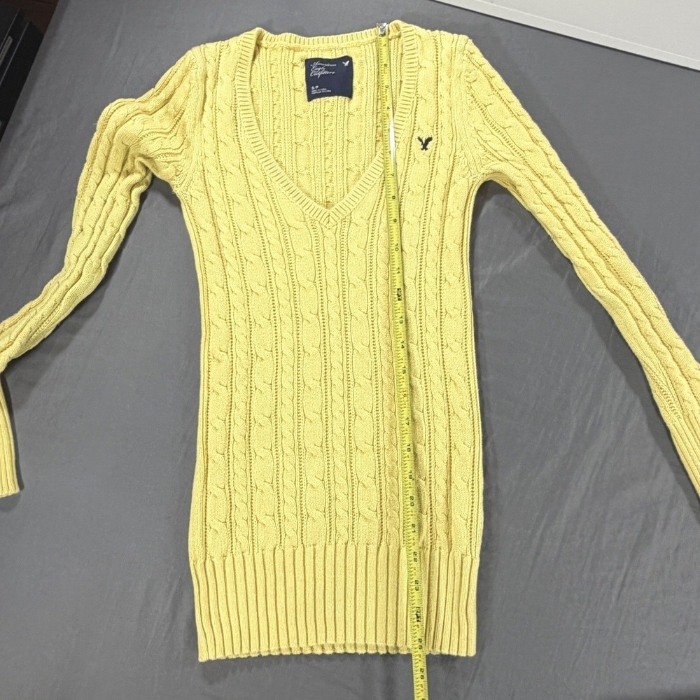 Vintage Y2K Cable Knit Sweater Small American Eagle Light Yellow preppy v neck - Picture 4 of 7